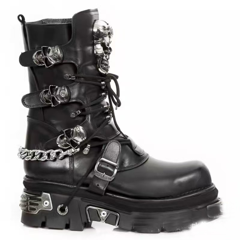 Guipure Lace Panel - Fashion Men's Genuine Leather Motorcycle Boots
