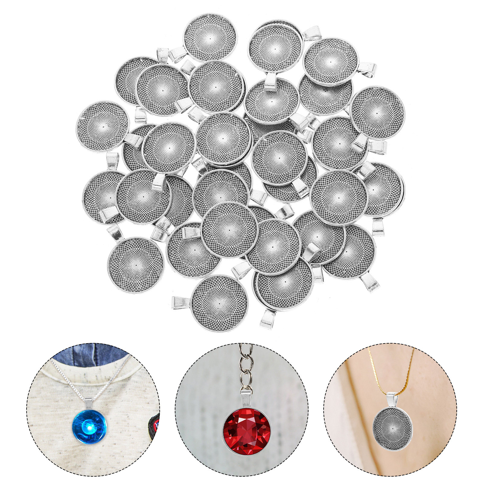 Embellishment Crafts - 40Pcs Round Pendant Bezels Flat Tray