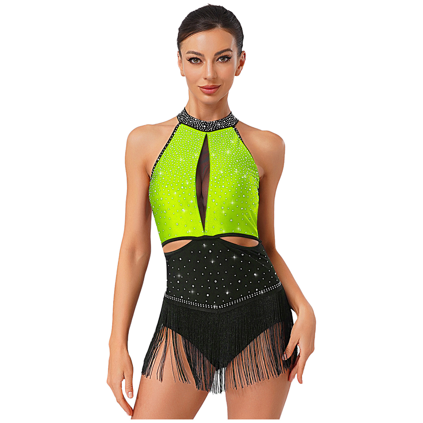 Women Dance Rhythmic Dresses S - Rhinestone Banding Trim avis et prix