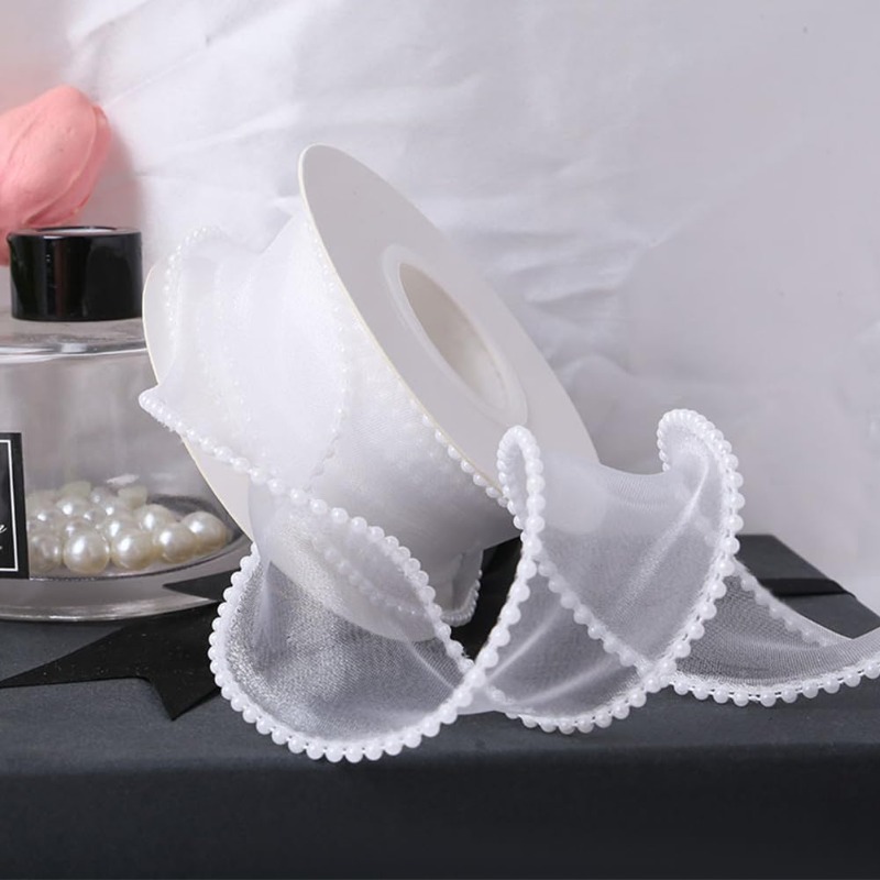 5 Yards White Faux Pearl Edge  - Organza Ribbon Spool avis et prix
