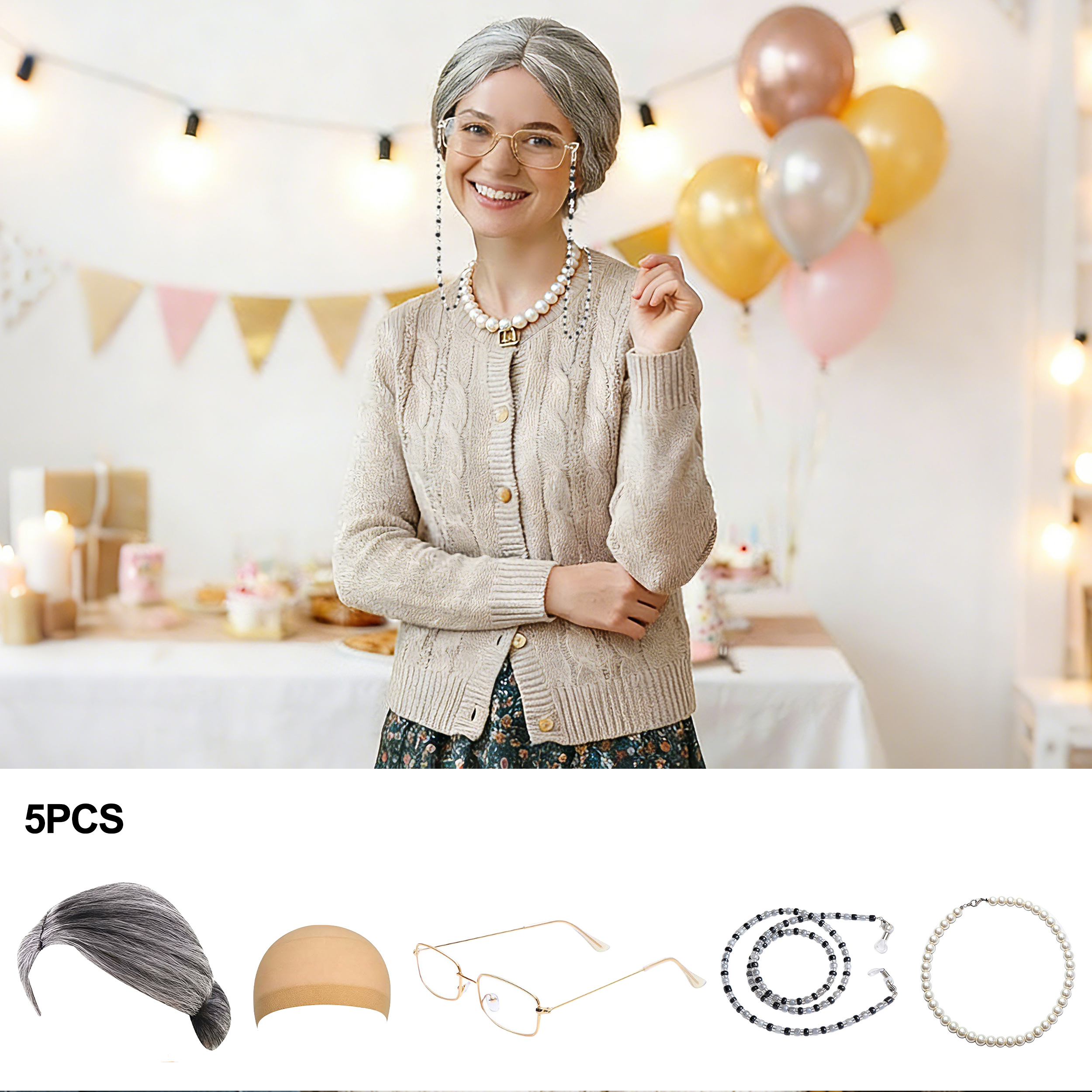 5Pcs Old Lady Costume Set Gran - Pearl Trim Chain avis et prix