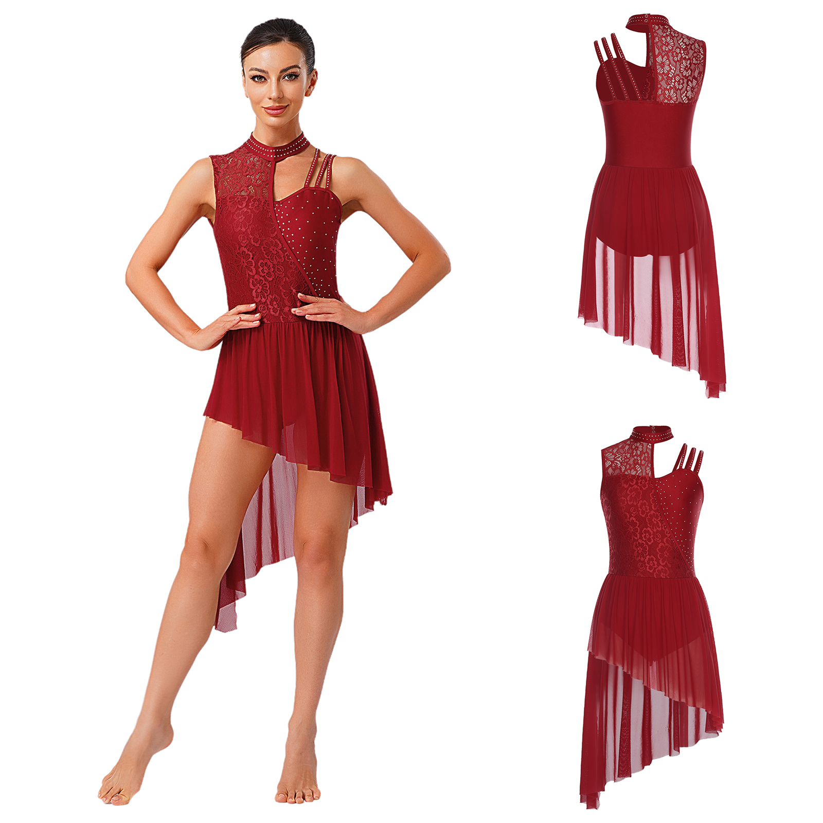Women Lyrical Dance Dress Flor - Rhinestone Banding Trim avis et prix
