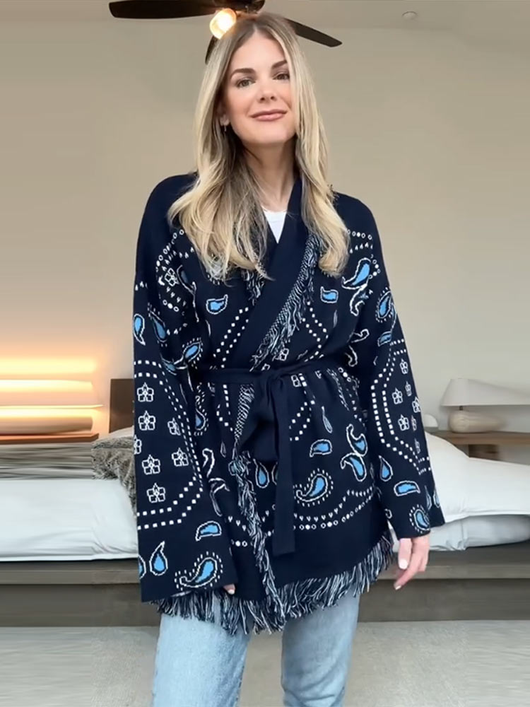 Elegant Print Tassel Cardigan  - Tassel Fringe Trim avis et prix