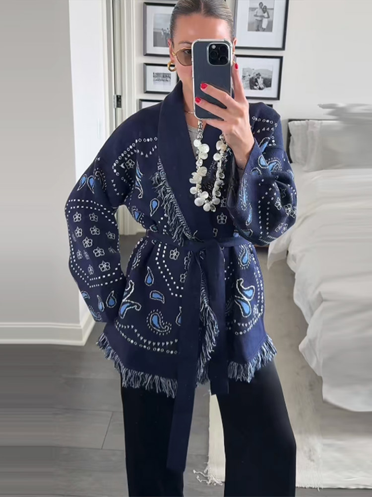 Elegant Print Tassel Cardigan  - Tassel Fringe Trim avis et prix