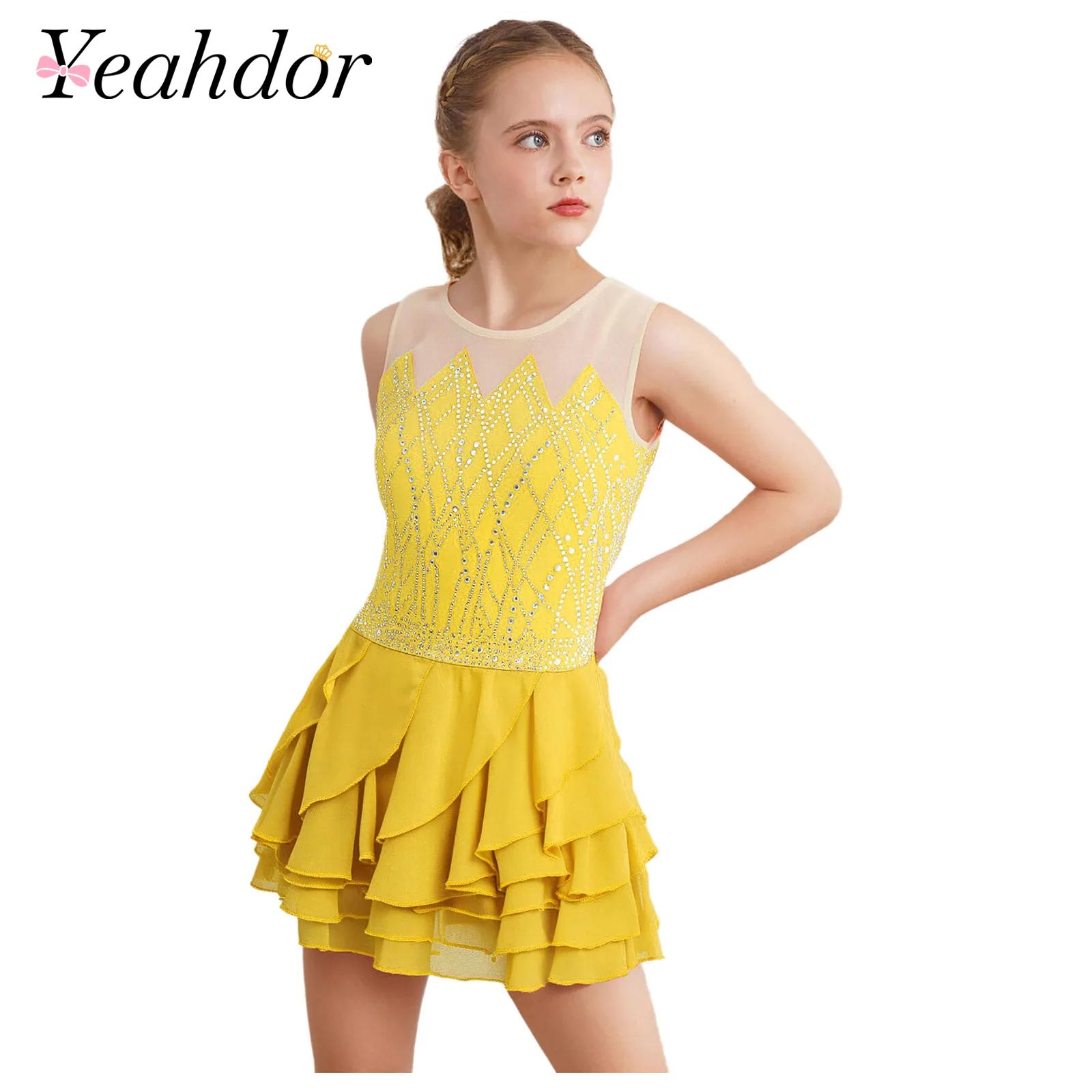 Girls Mesh Figure Skating Dres - Rhinestone Banding Trim avis et prix